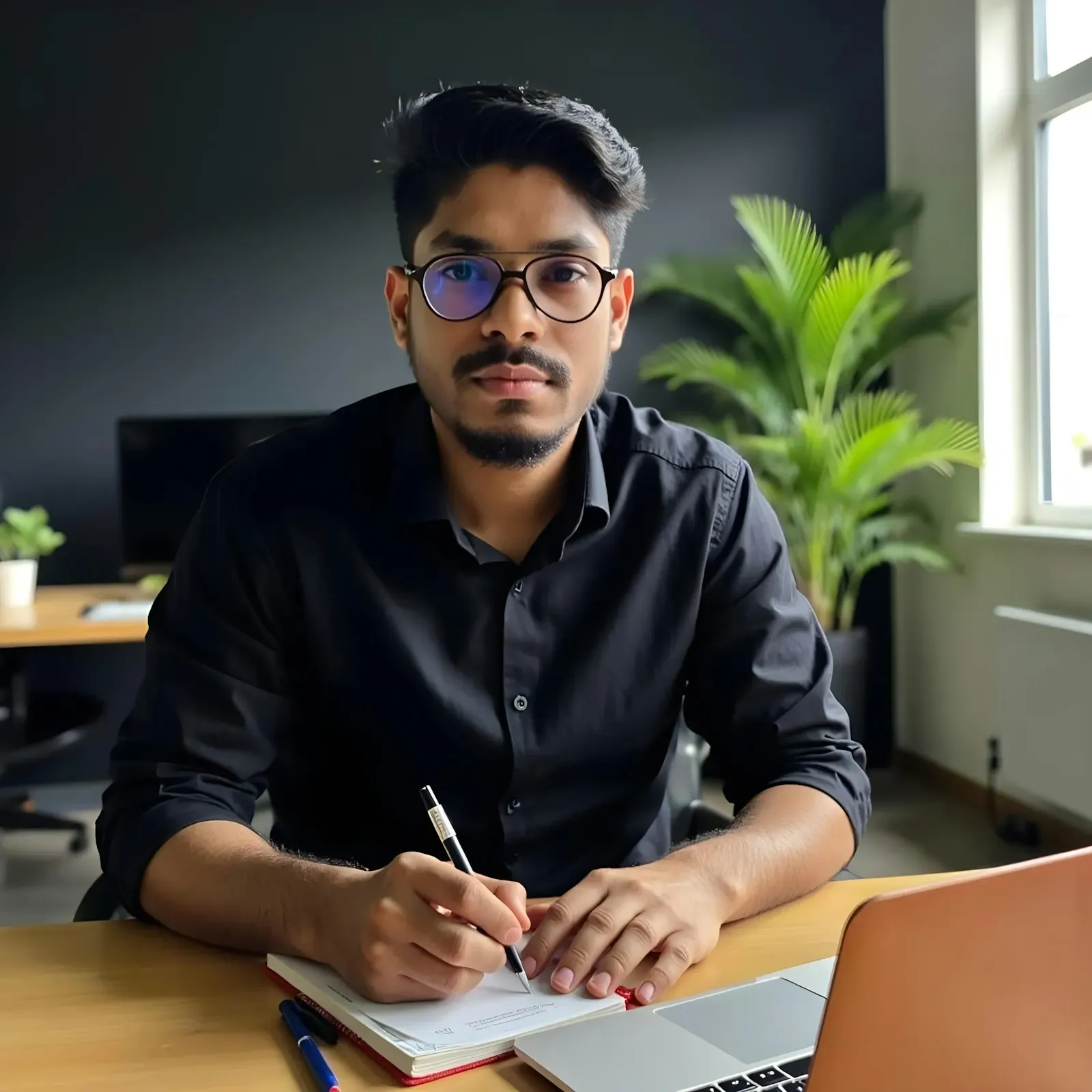 Engineer in glasses writing at his desk
