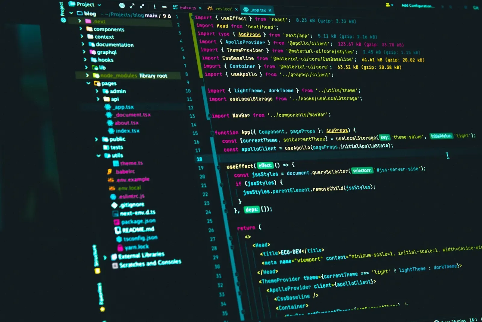 Code editor showing React component source for a web app