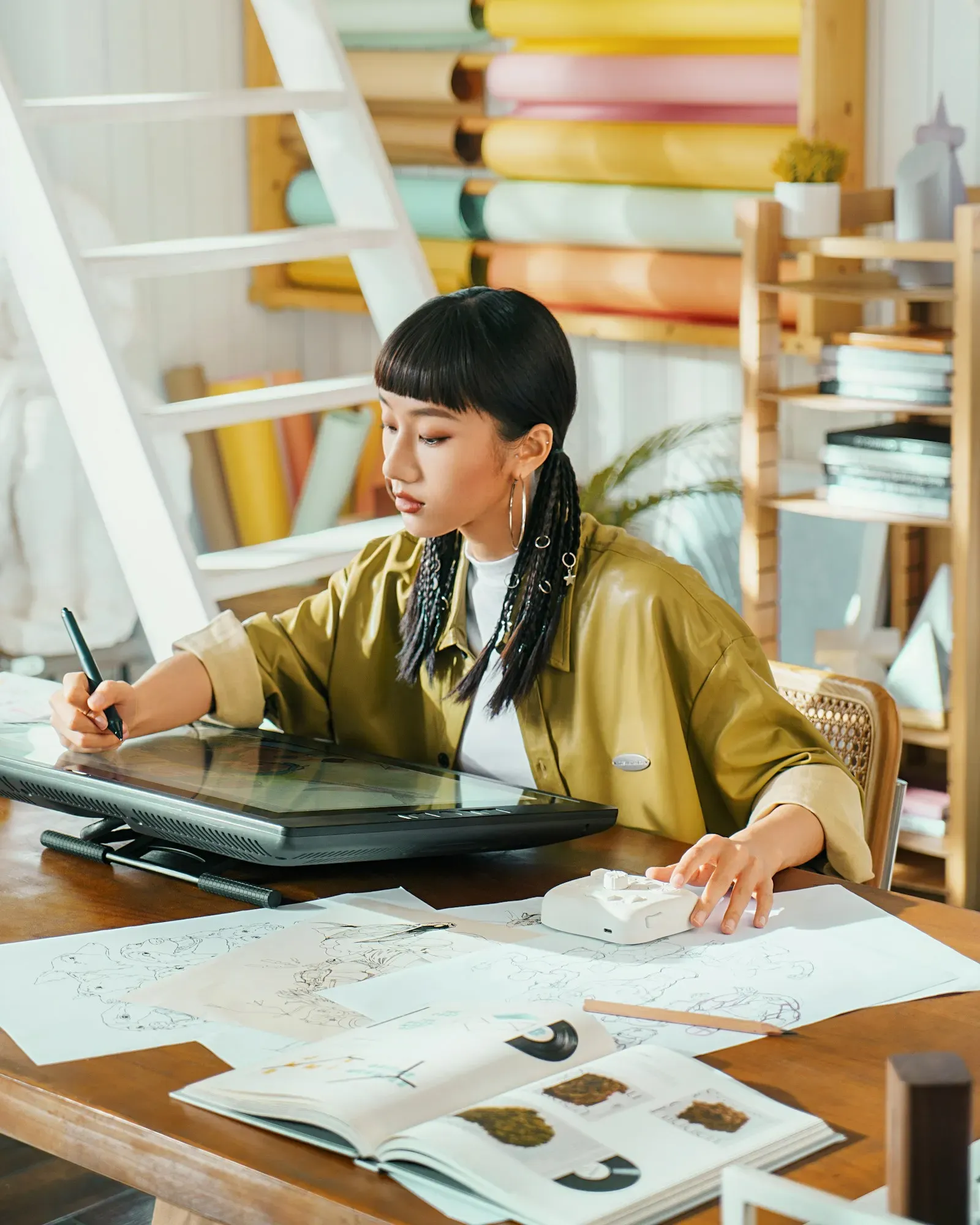 Designer drafting on a pen display in her studio