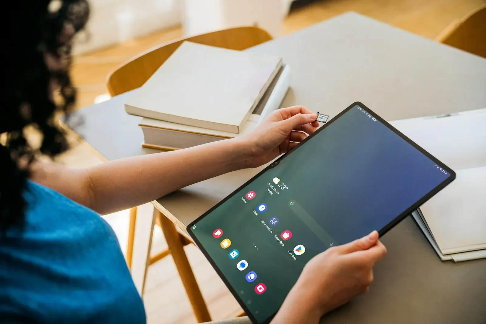 Learner practicing on a tablet at a table