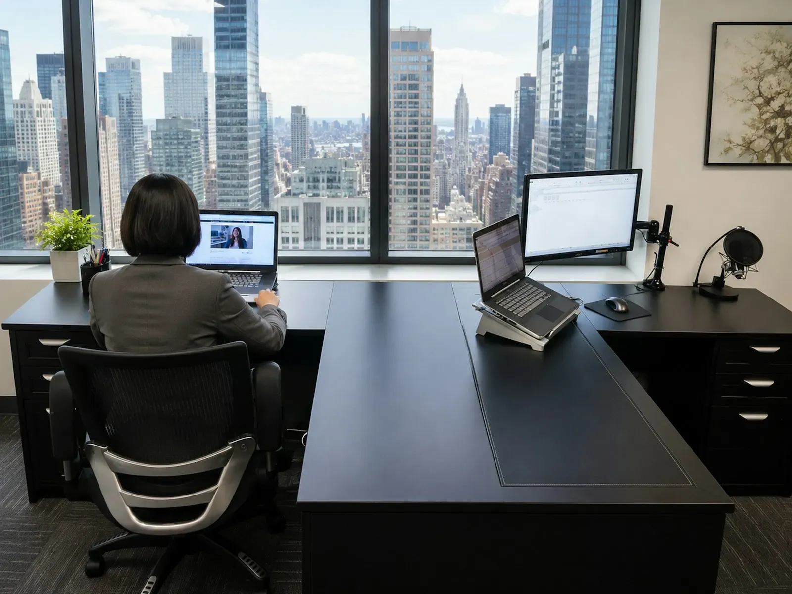 Employee working at a desk overlooking the city