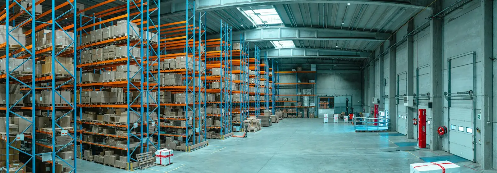 Warehouse shelving filled with boxed inventory