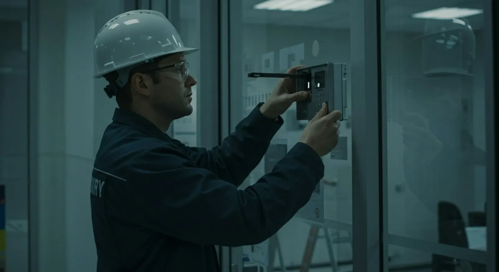 Site engineer in a hard hat checking a door frame