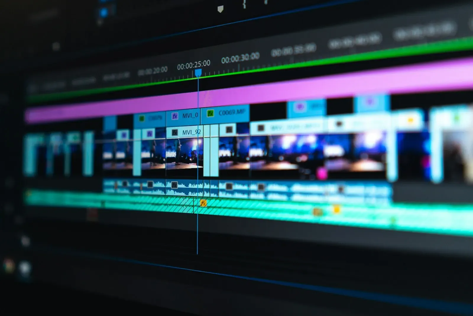 Video editing timeline open on a screen