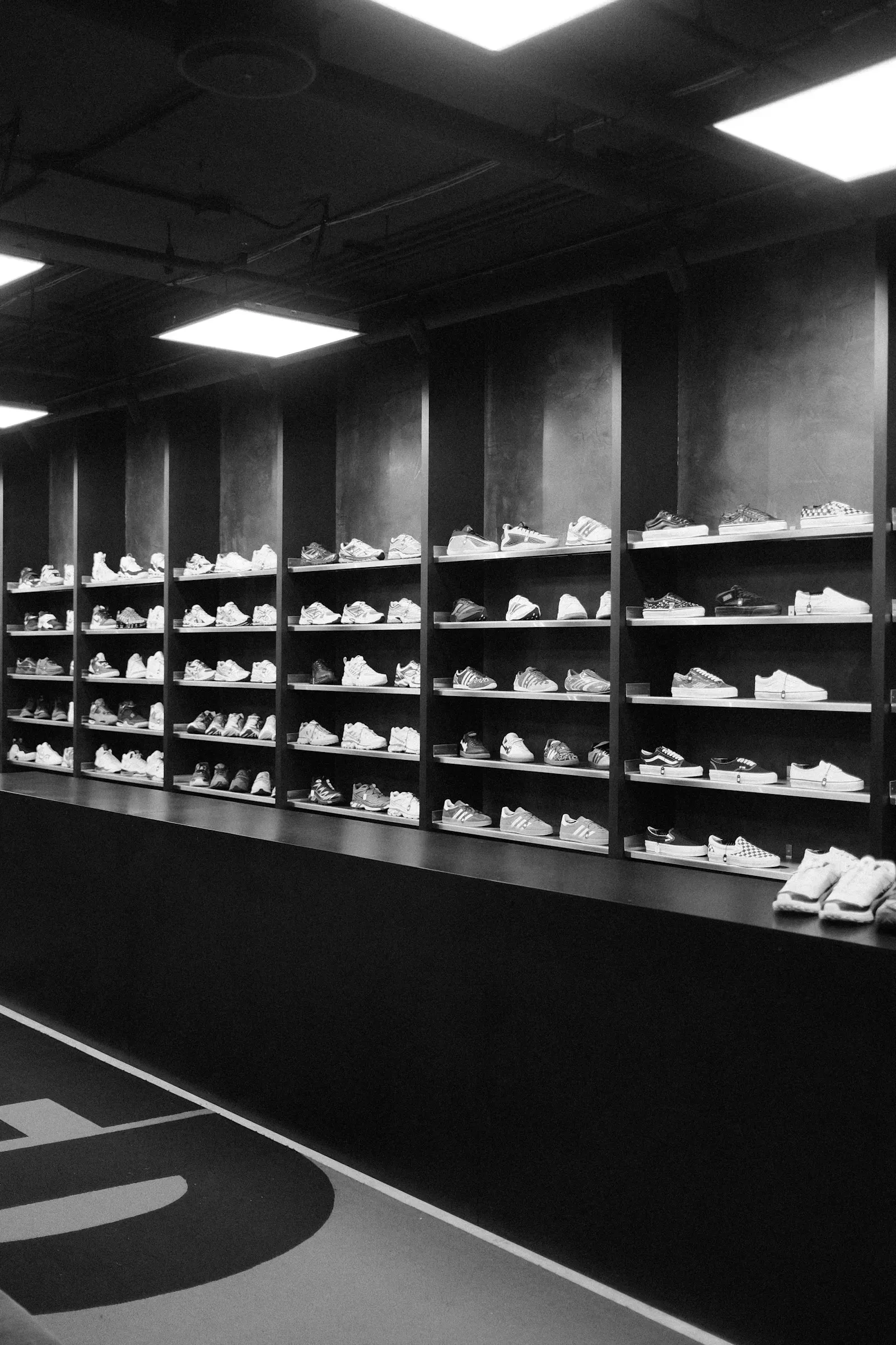 Rows of sneakers on store shelves