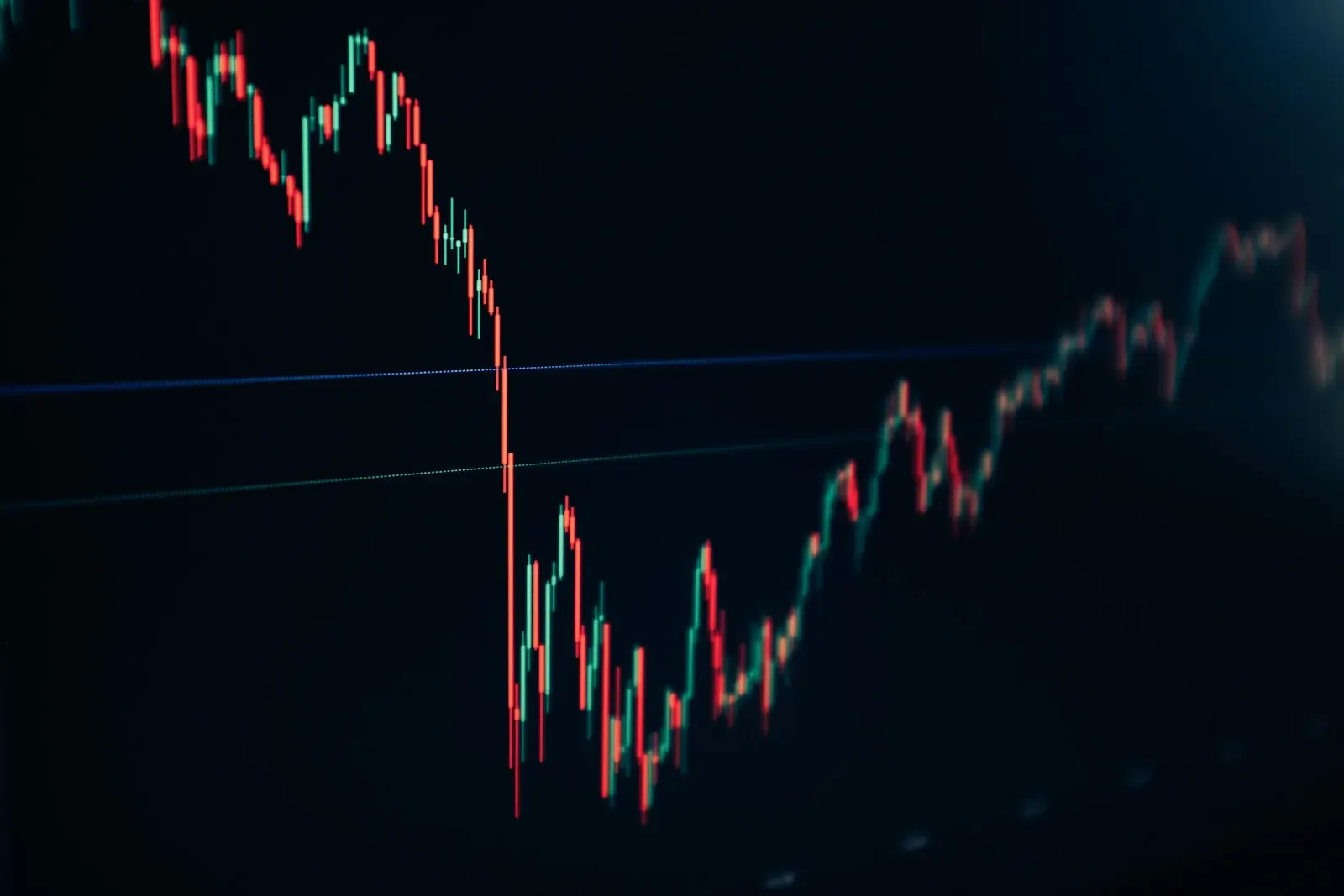 Candlestick trading chart on a dark screen