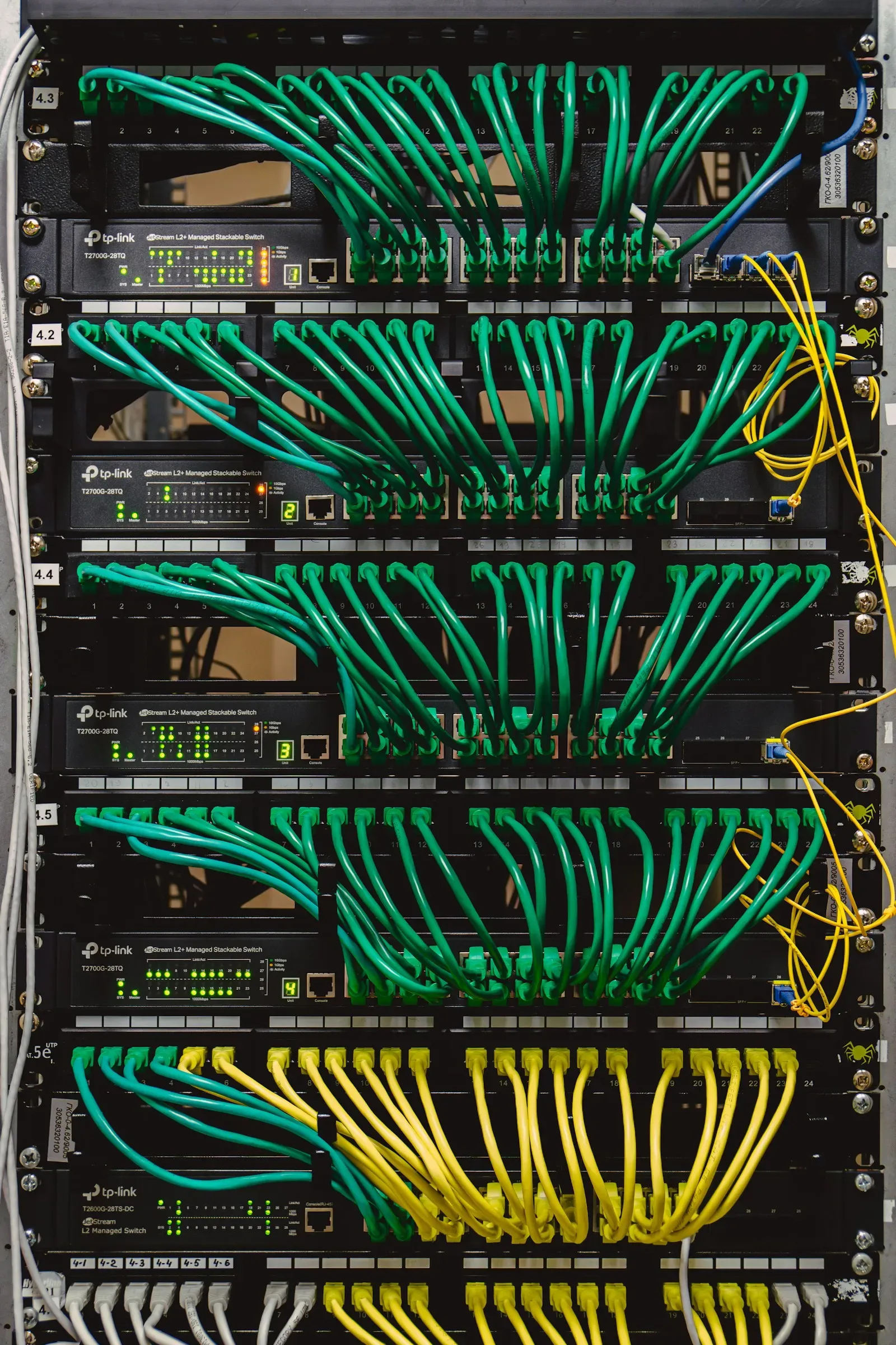 Network rack with many cables plugged in