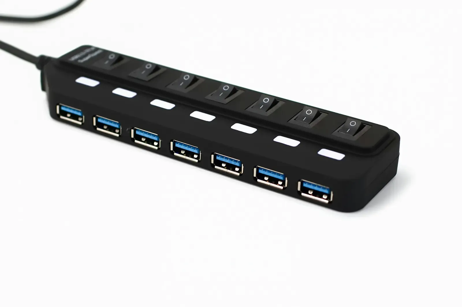 Black USB hub with a row of ports and switches